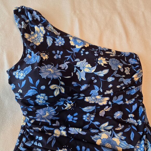 J. CREW RE-Imagined Rouched One Shoulder One Piece Swimsuit Blue Black Size 12. - Picture 5 of 15